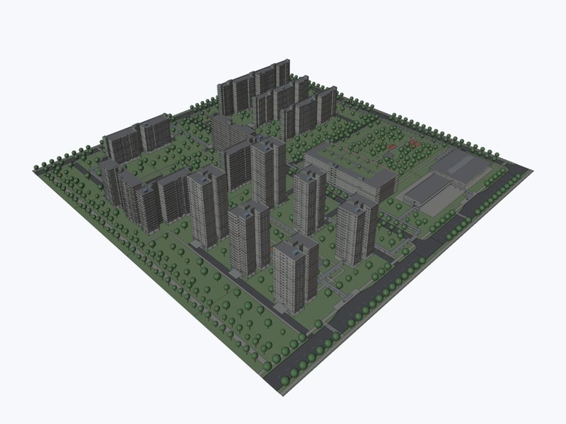 Still render of Sample Town N5 from the north-east: a generated sample HDB neighbourhood, not a real town.